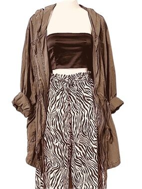 High Waisted Womens Cropped Wide Leg  Brown & Cream Zebra Print Flowy Pants S